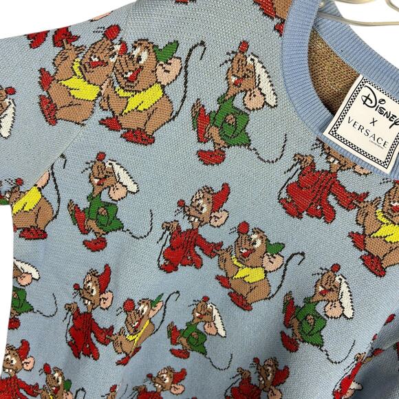 Versace x Disney Long Sleeve Cinderella Intarsia Graphic Blue Crew Neck Sweater - Picture 3 of 7